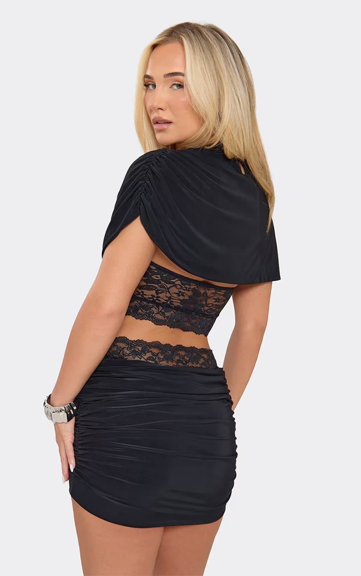 EGO Mid Rise Lace Panel Mini Skirt In Black, Women's Size UK 6