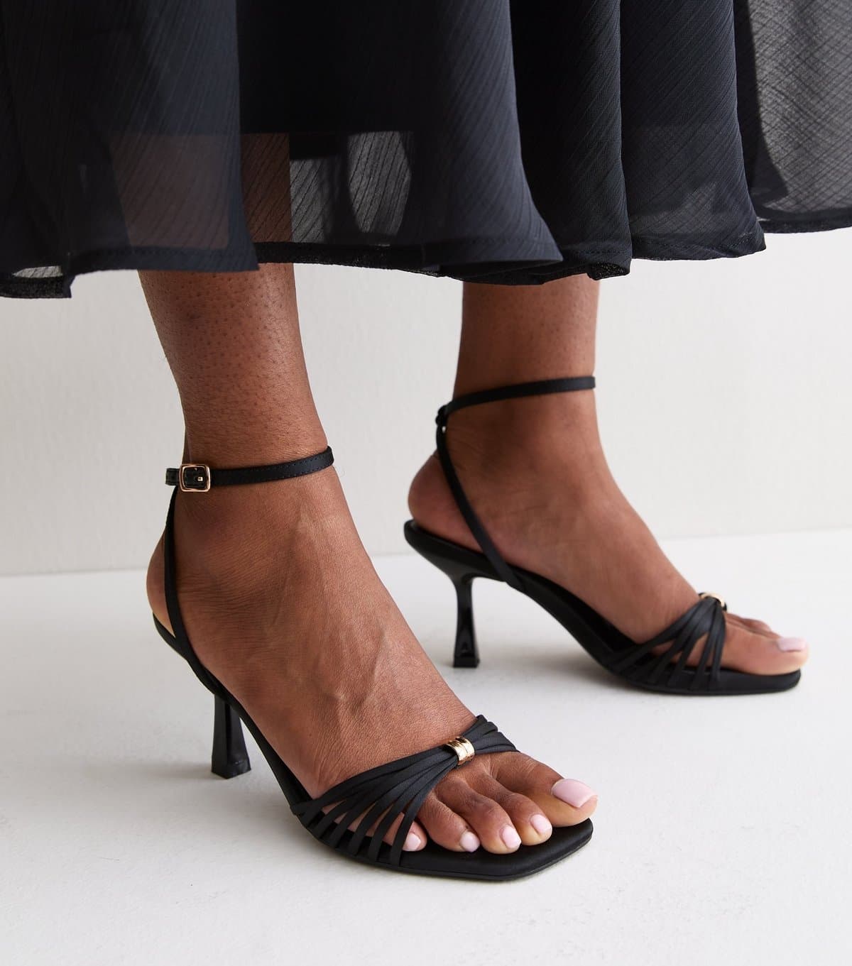 New Look Women's Black Satin Multi Strap Stiletto Heel Sandals Vegan New Look
