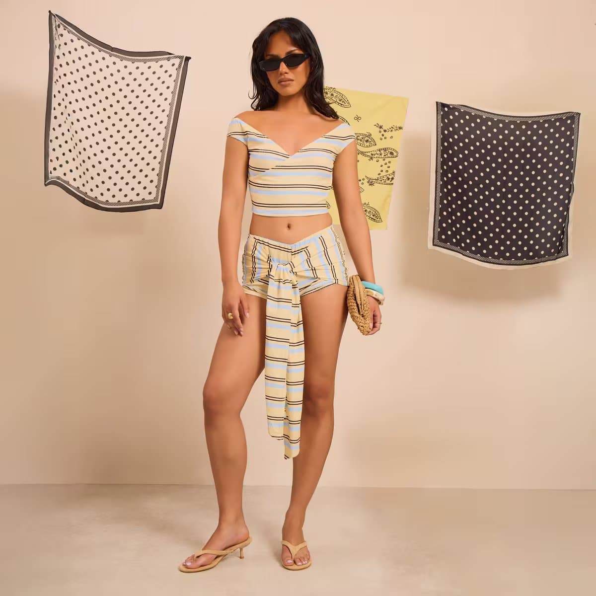 EGO Tie Drape Detail Mini Shorts In Lemon Stripe, Women's Size UK 6