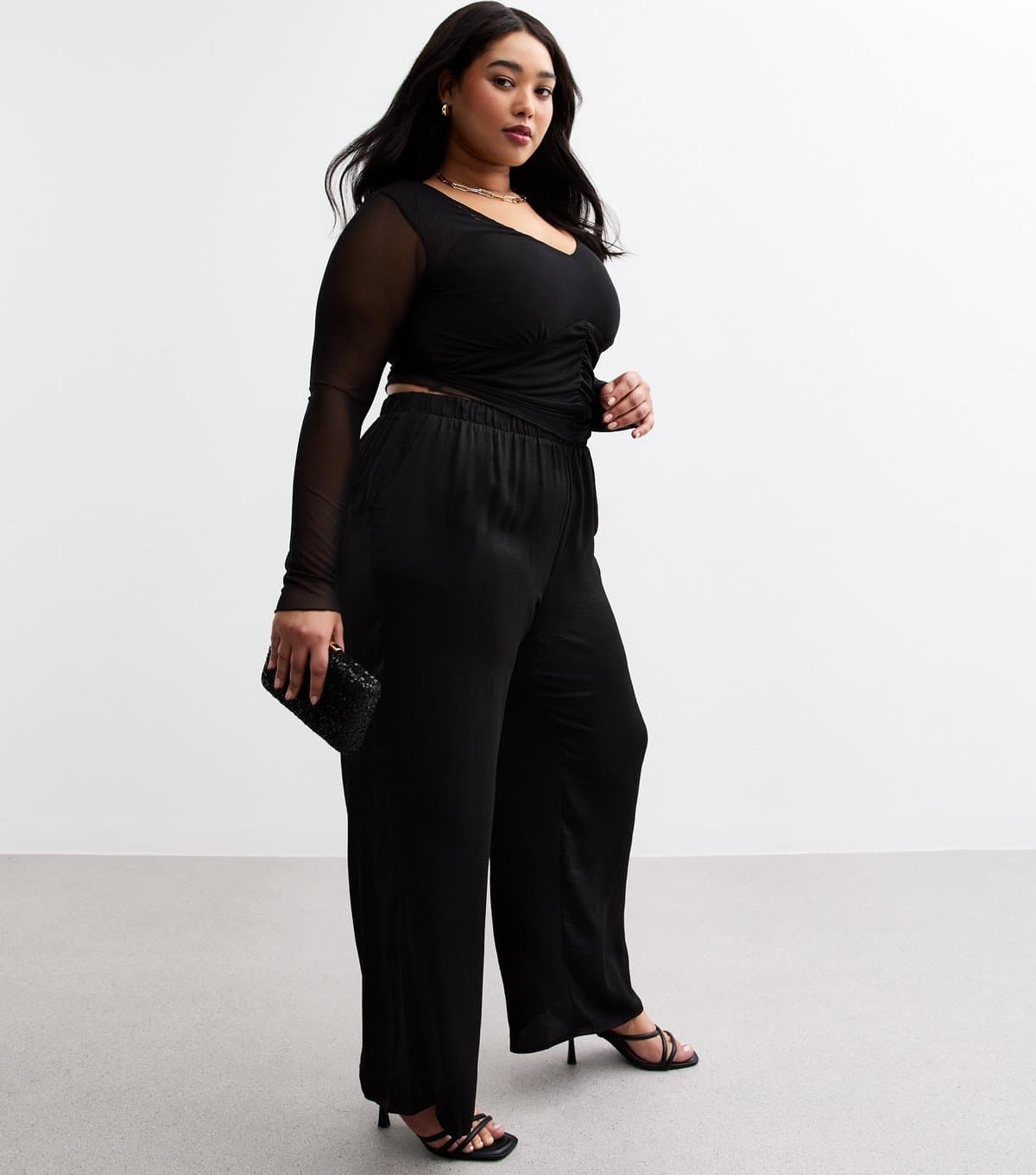 New Look Women's Plus Size Black Satin Wide Leg Trousers Curves New Look