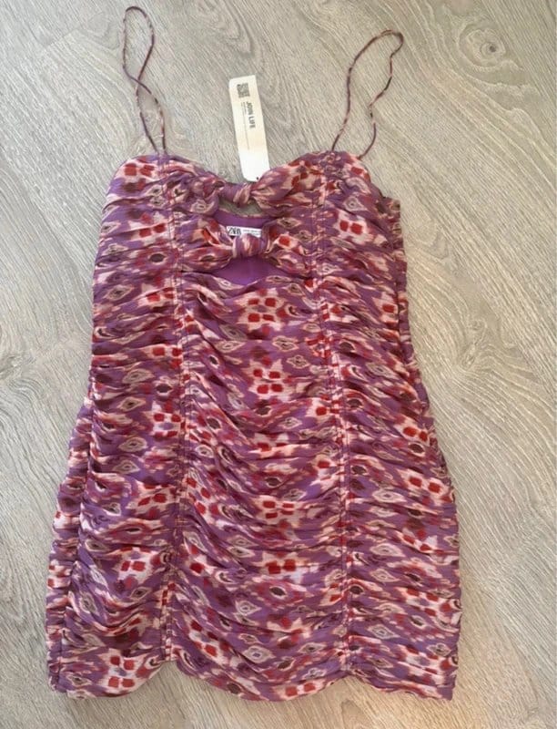 Zara Zara Ruched Printed Mini Dress Purple Pink Cut-Out Knot Detail Size M BNWT - 1