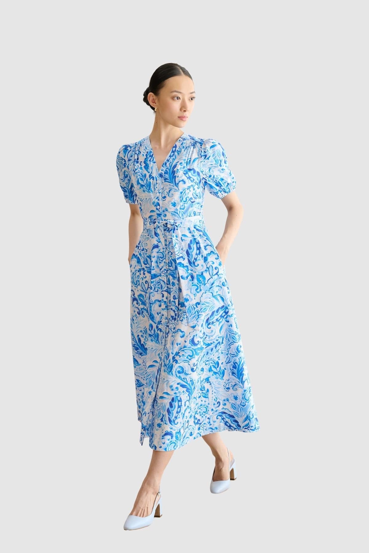 Hobbs London Hobbs London Women's Libby Short Sleeve V-Neck Midi Dress in Bright Blue