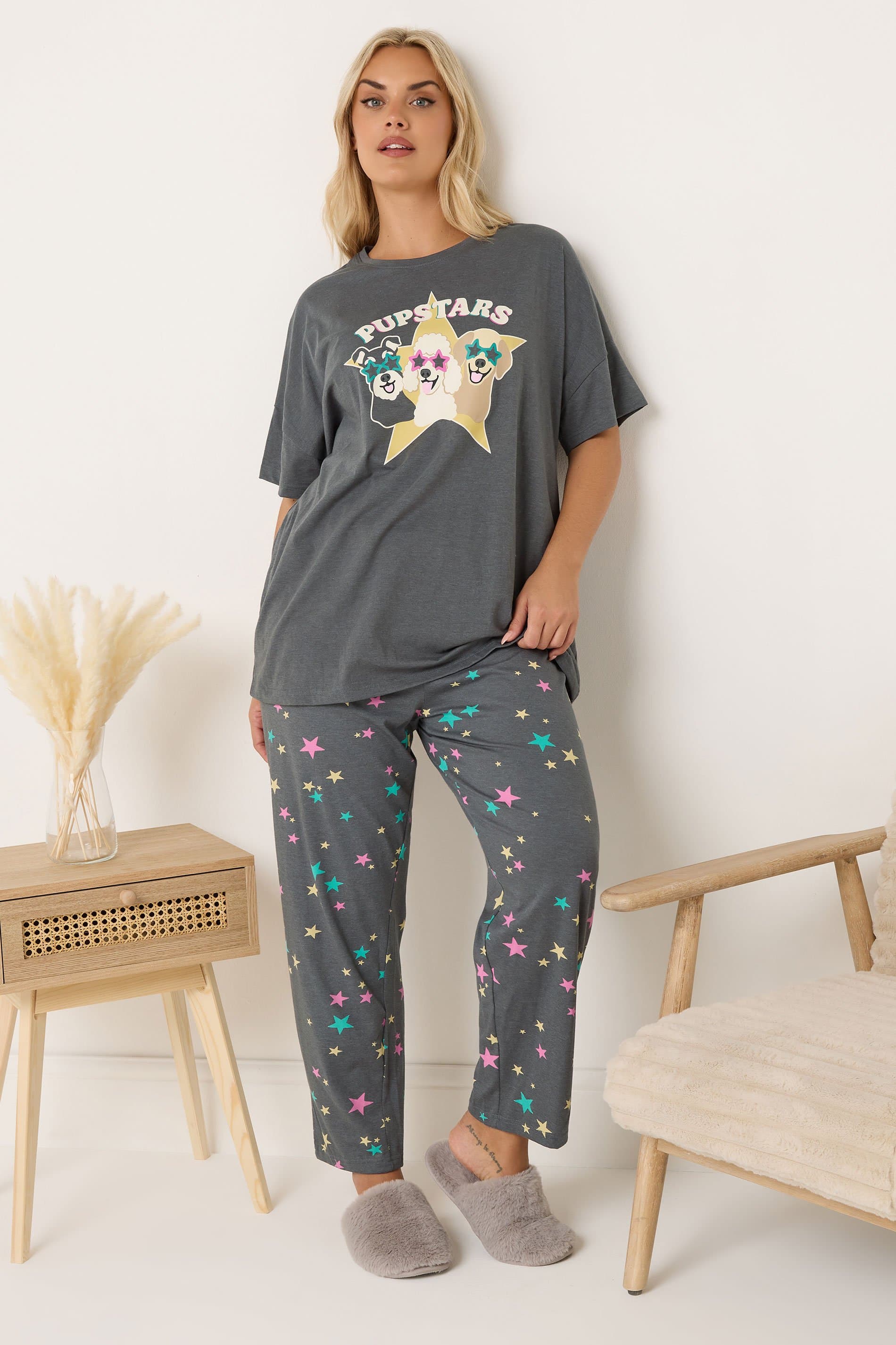 Yours Plus Size Charcoal Grey 'Pupstars' Pyjama Set