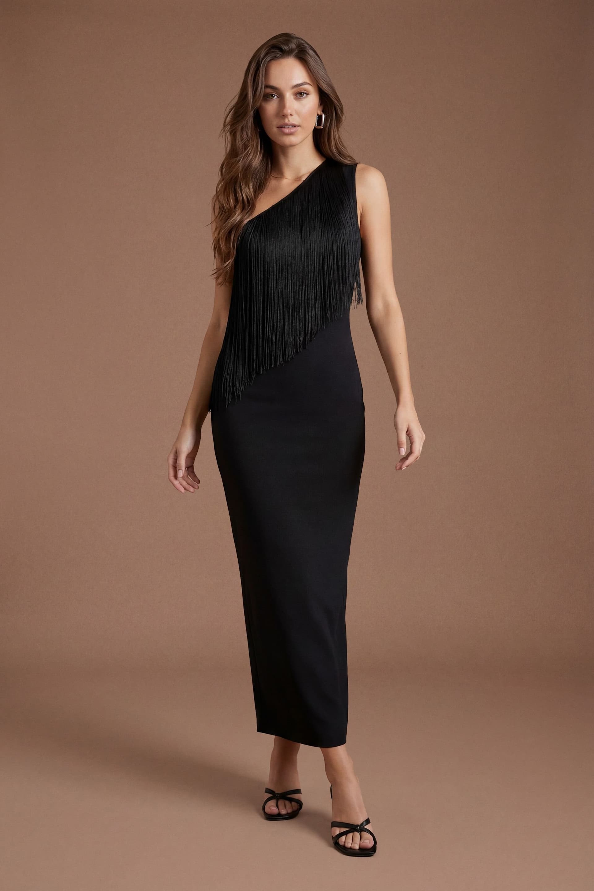 Coast Coast Women's One Shoulder Fringe Maxi Dress in Black