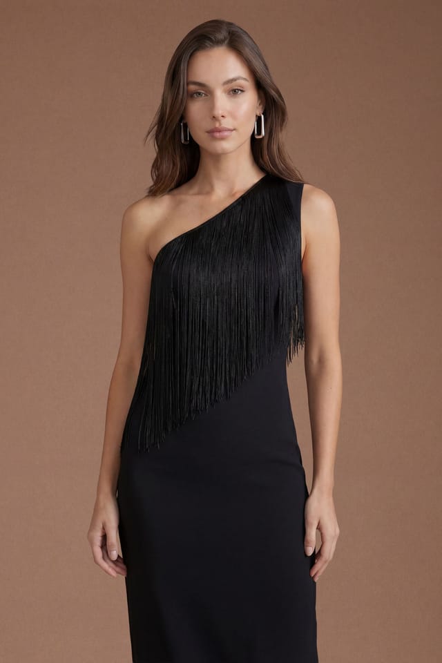 Coast Coast Women's One Shoulder Fringe Maxi Dress in Black - 2