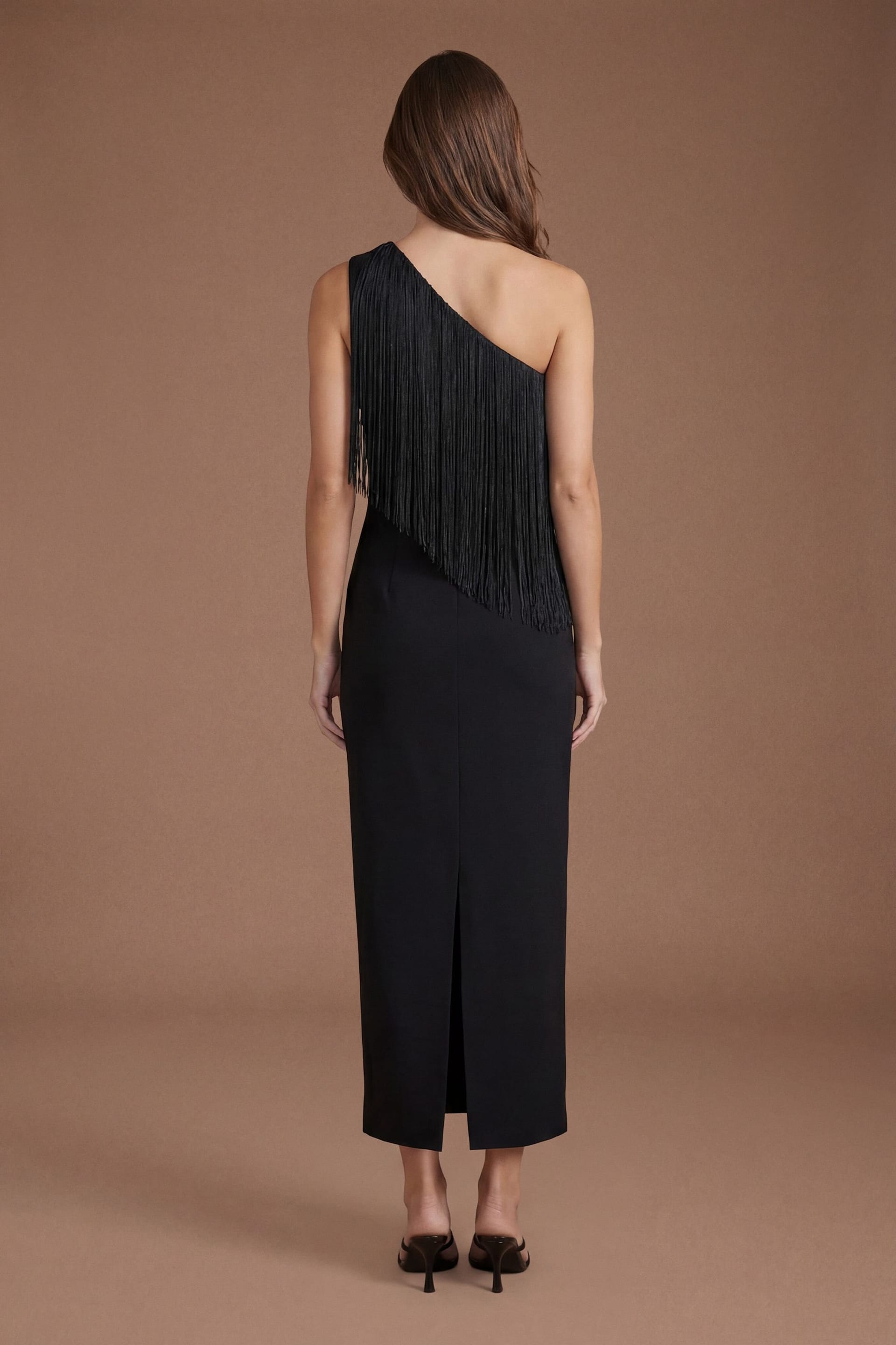 Coast Coast Women's One Shoulder Fringe Maxi Dress in Black - 4