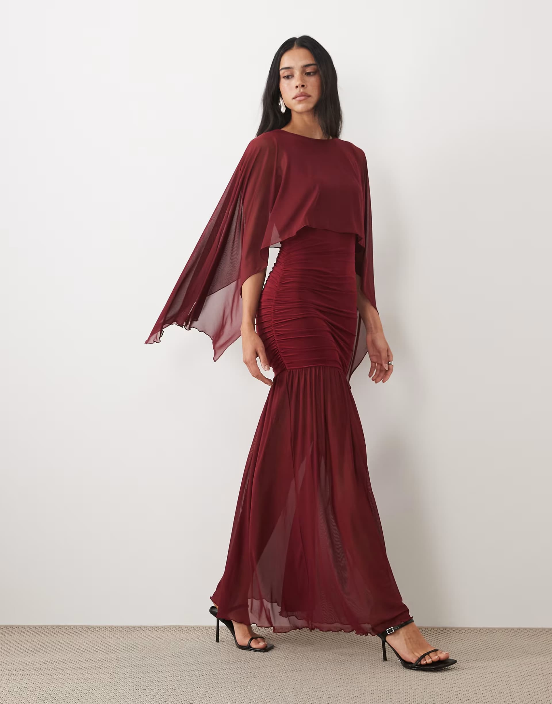 ASOS Kaiia exclusive double layered slinky drop waist floaty mesh cape overlay sheer hem maxi dress in burgundy