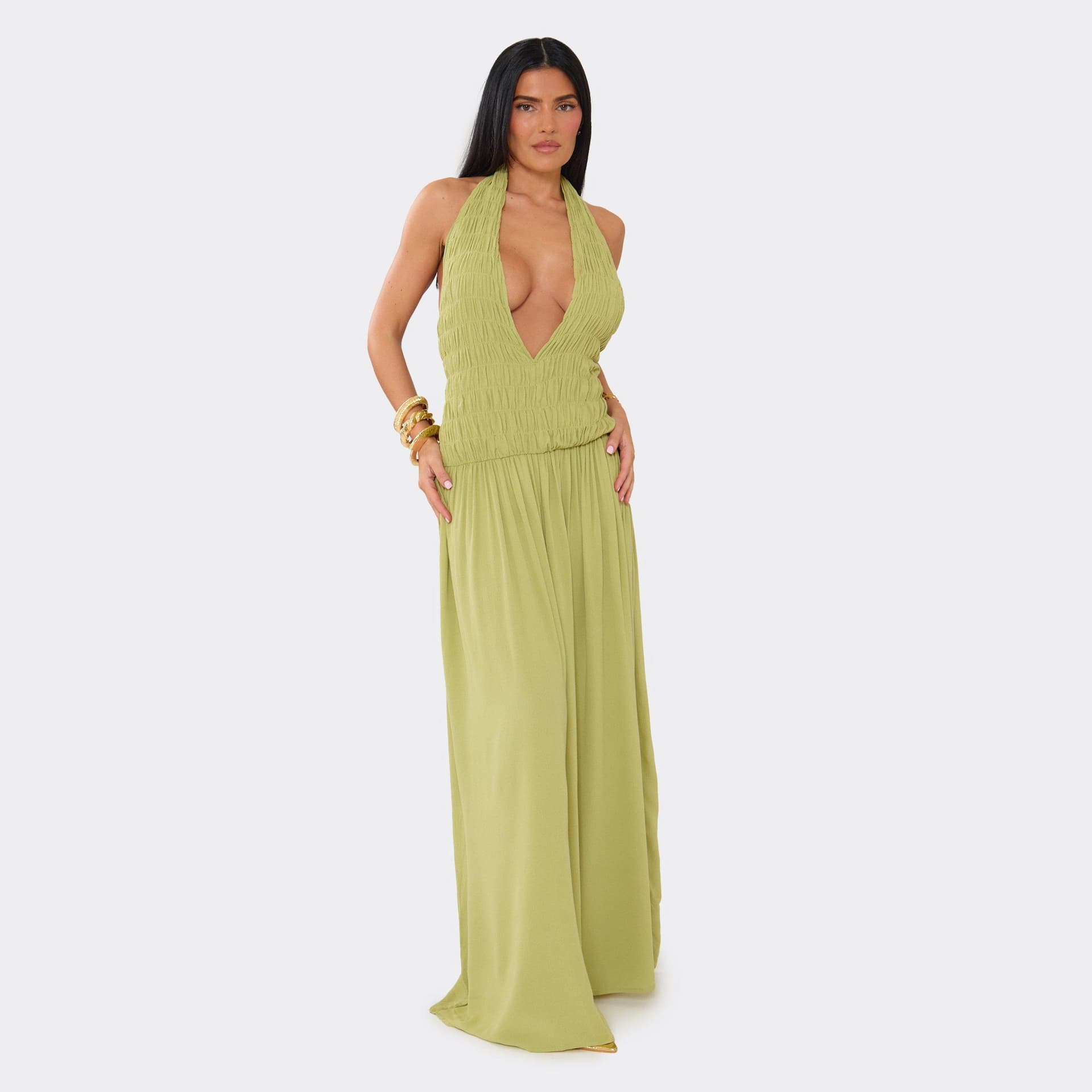 EGO Plunge Halterneck Shirred Detail Backless Maxi Dress In Green Cheesecloth, Women's Size UK 6