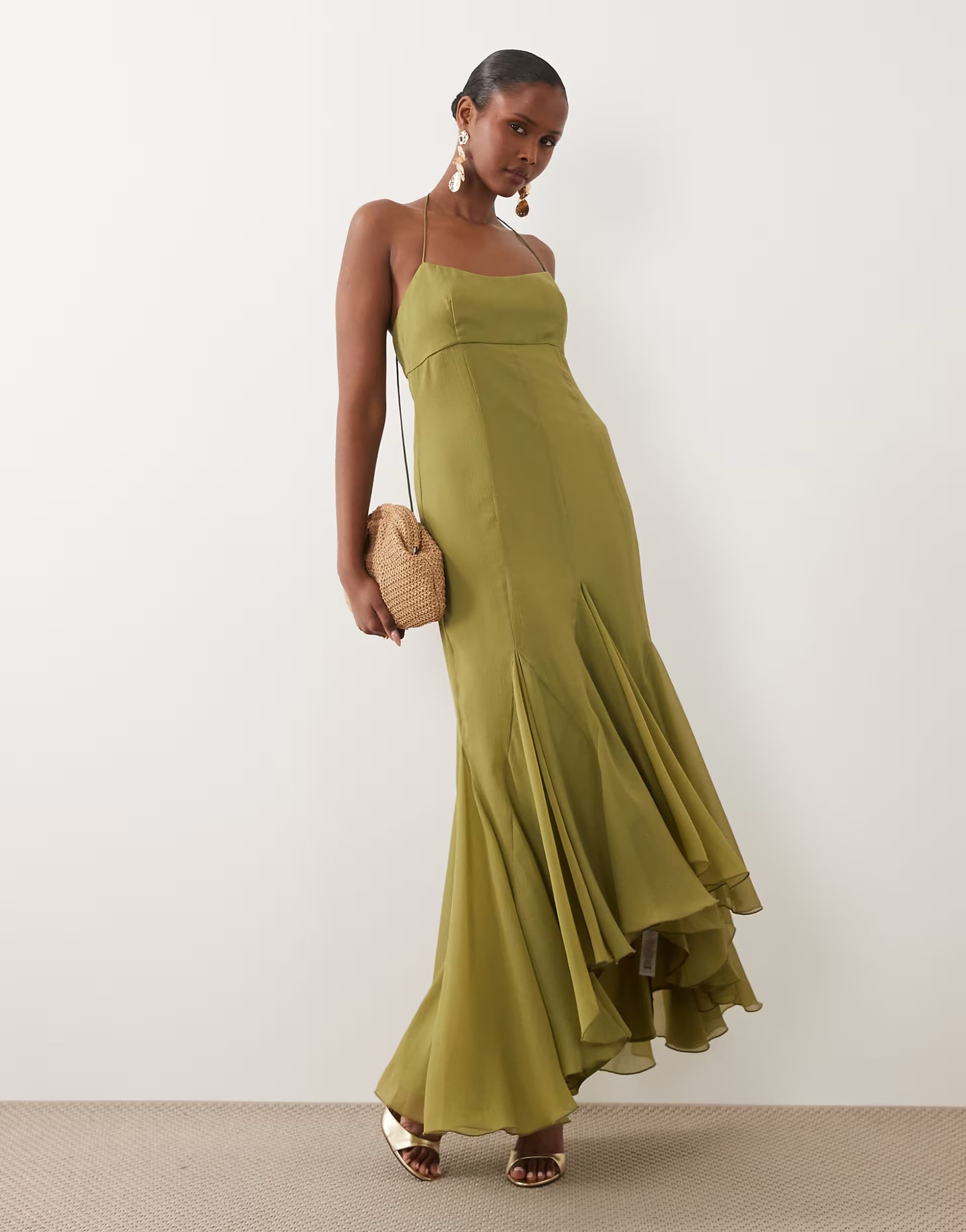 ASOS ASOS DESIGN maxi dress with high-low volume hem in olive