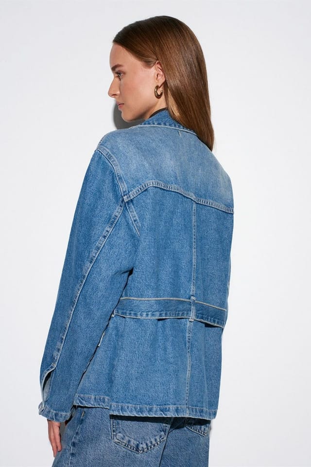 Dilvin Dilvin Women's Women's Belted Denim Jacket in Mid Blue - 2