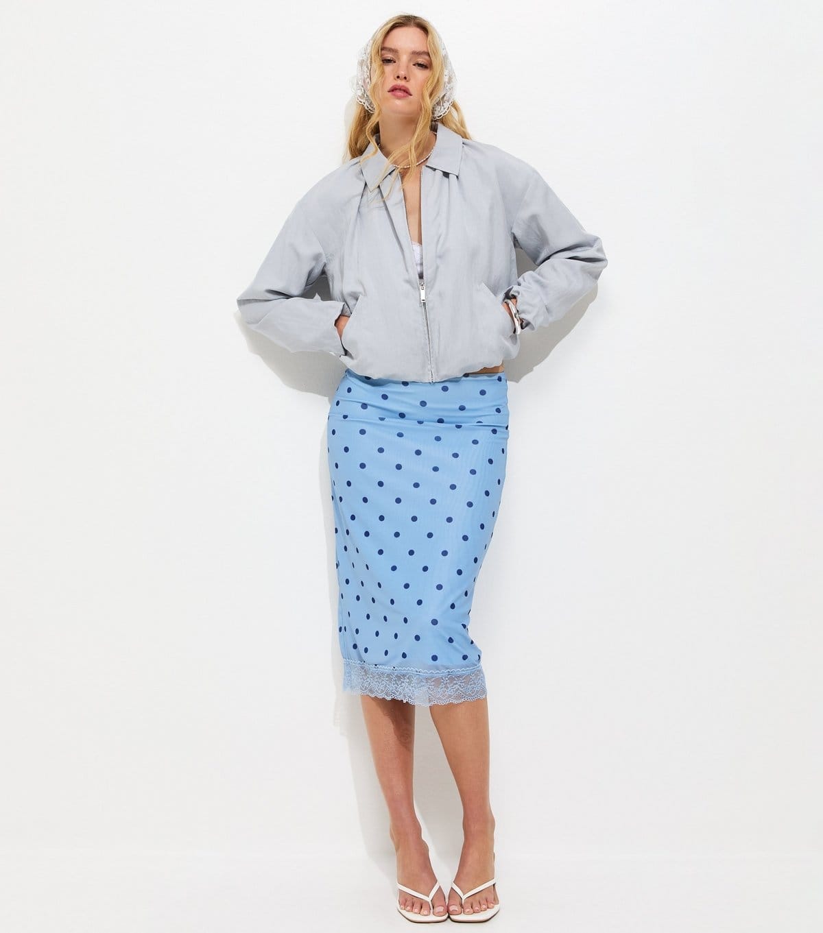 New Look Light Blue Polka Dot Lace Trim Mesh Midi Skirt