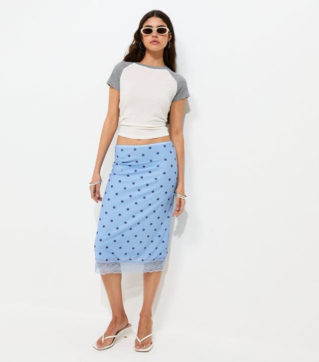 New Look Women's Light Blue Polka Dot Lace Trim Mesh Midi Skirt New Look - 2