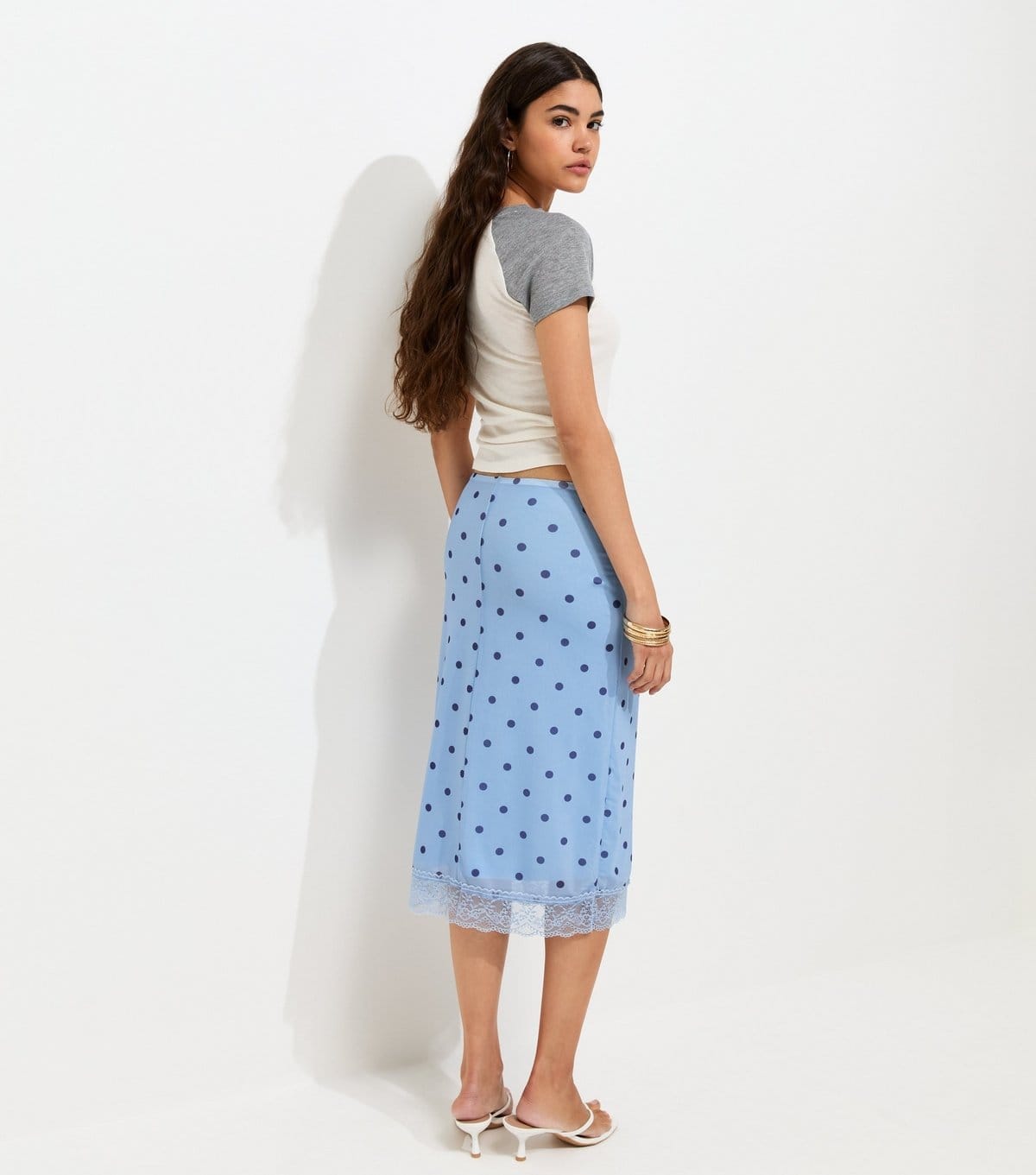 New Look Women's Light Blue Polka Dot Lace Trim Mesh Midi Skirt New Look - 4