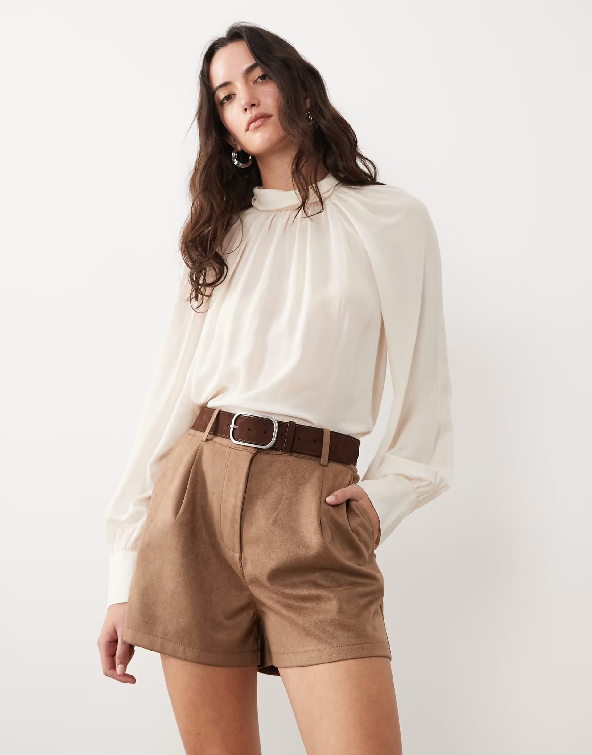 ASOS ASOS Cream High Neck Long Sleeve Blouse with Frill Back Detail