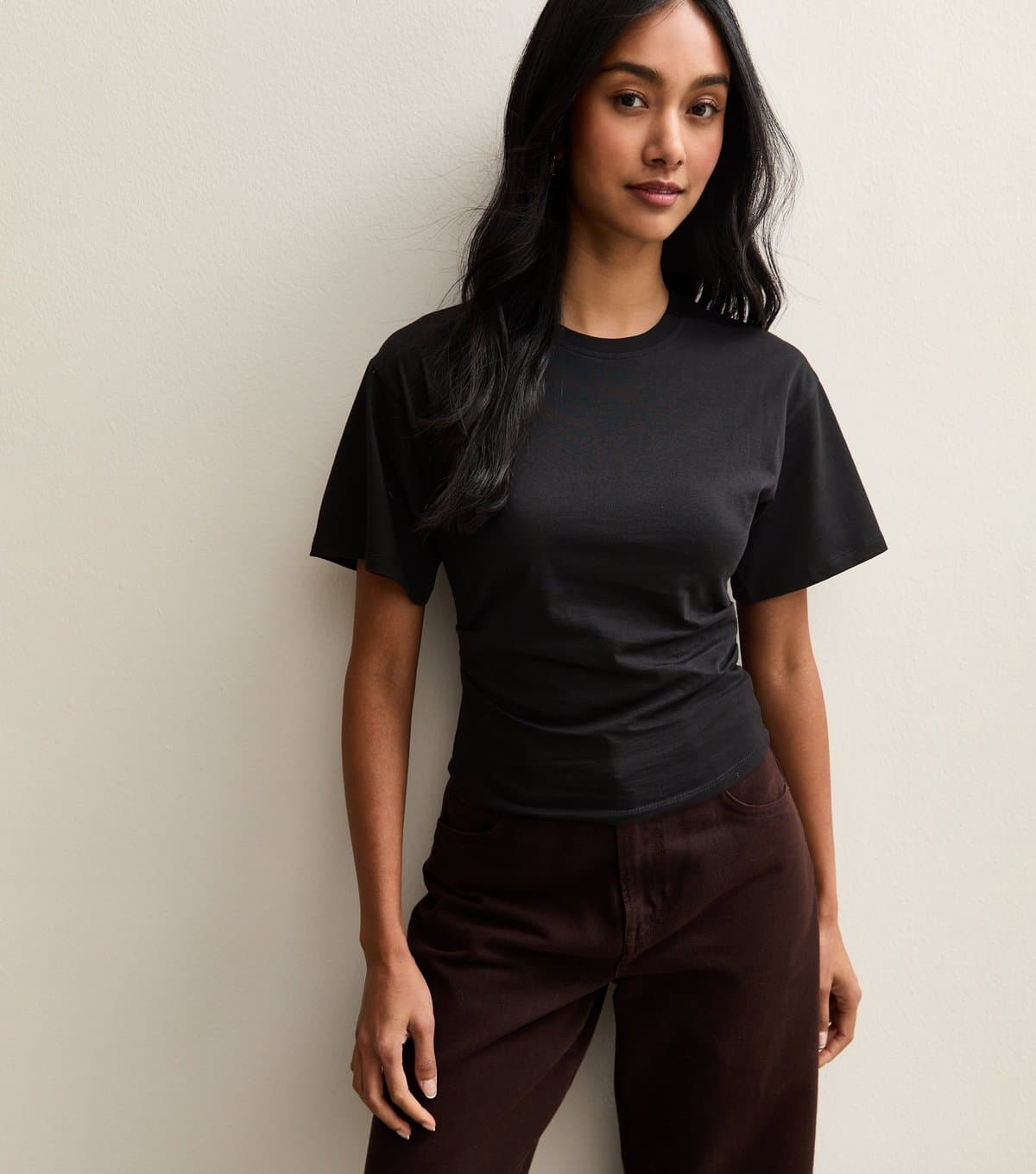 New Look Women's Black Ruched Waist Crew Neck T-Shirt New Look