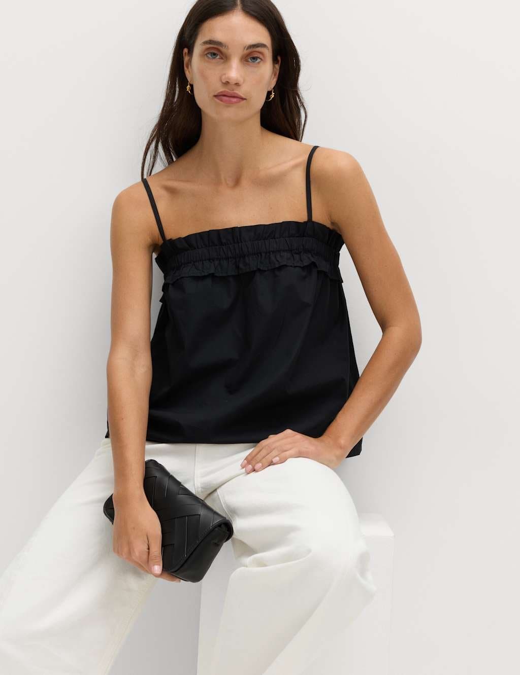 Marks & Spencer M&S Pure Cotton Ruched Sleeveless Cami Top Black