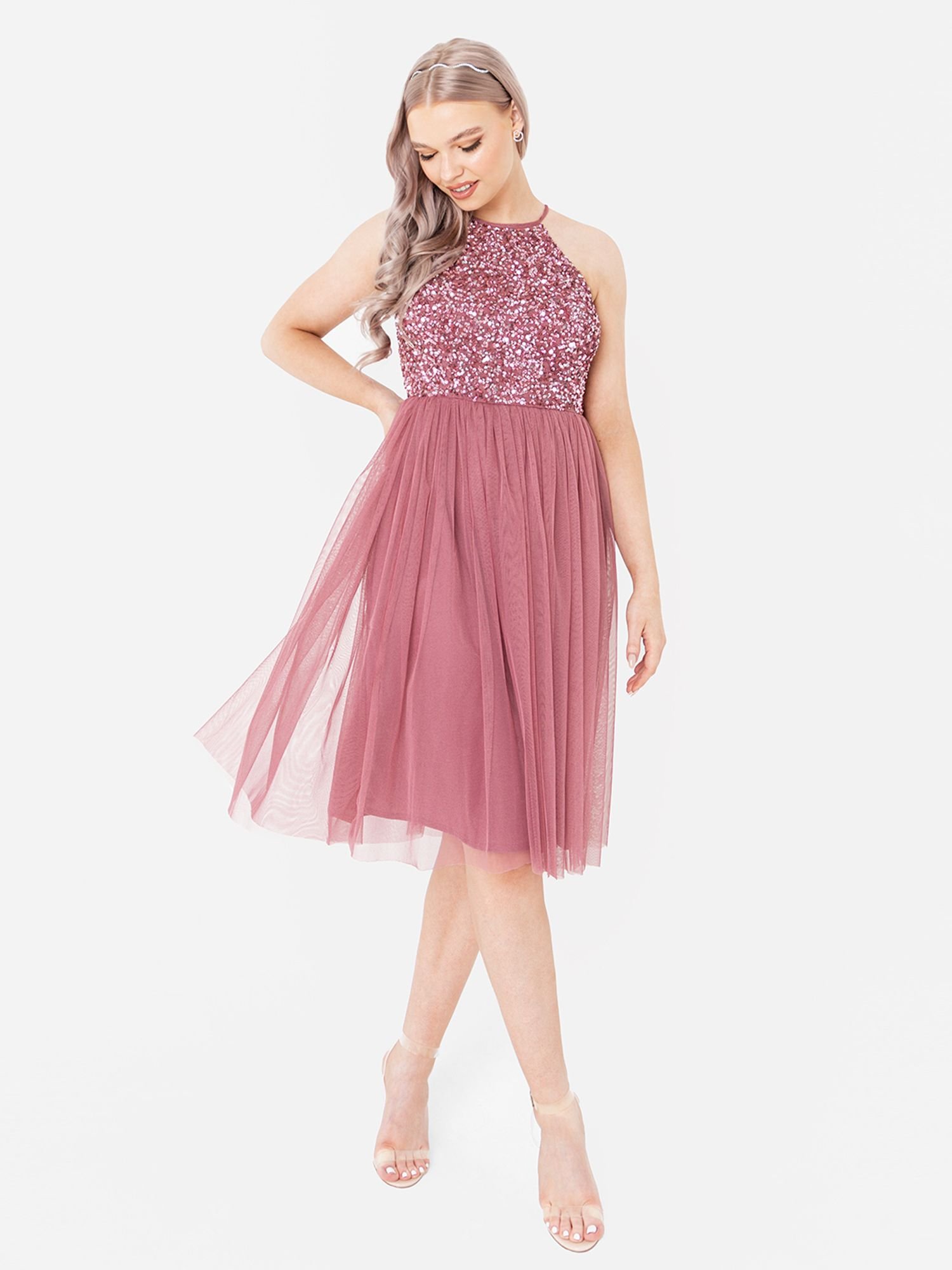Maya Deluxe Maya Deluxe Women's Embellished Halter Neck Midi Dress in Rose - 2