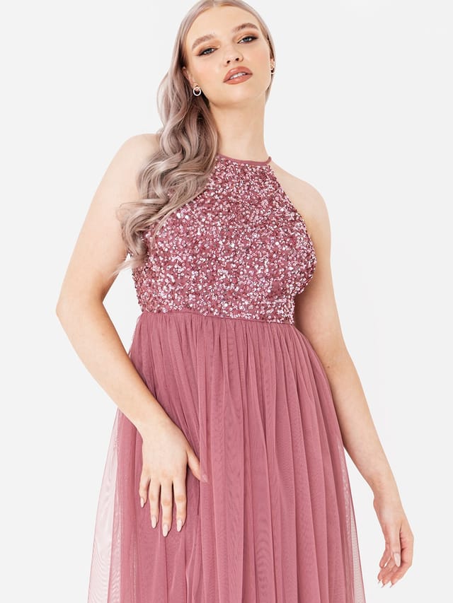 Maya Deluxe Maya Deluxe Women's Embellished Halter Neck Midi Dress in Rose - 2