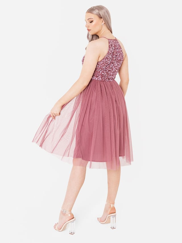 Maya Deluxe Maya Deluxe Women's Embellished Halter Neck Midi Dress in Rose - 3