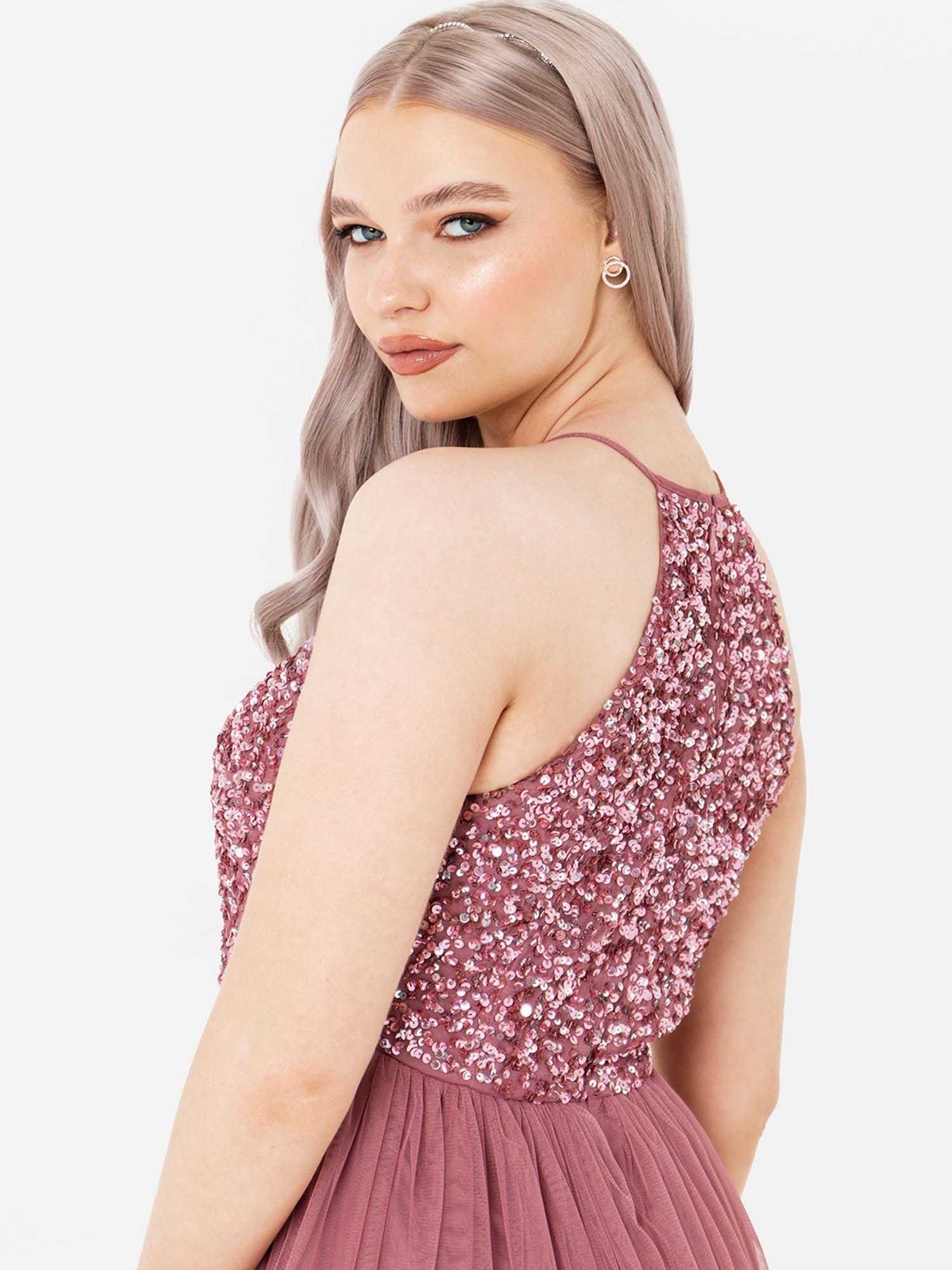 Maya Deluxe Maya Deluxe Women's Embellished Halter Neck Midi Dress in Rose - 4
