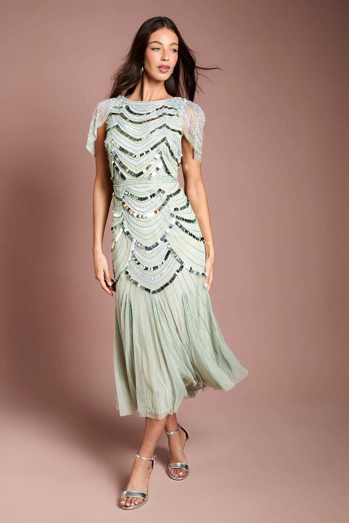 Coast Coast Women's Cape Shoulder Embellished Midi Dress in Sage