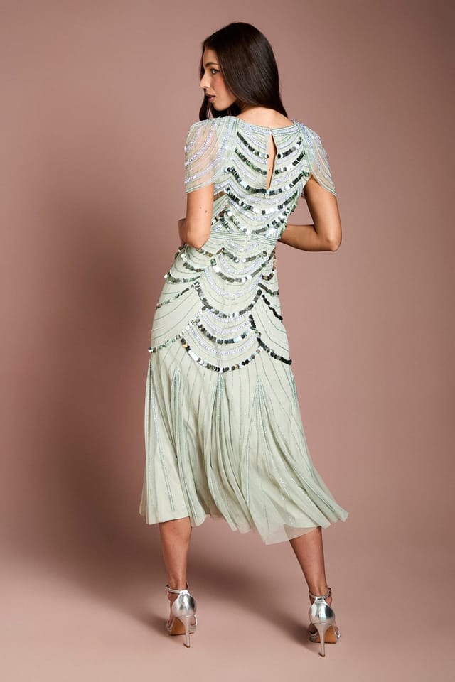 Coast Coast Women's Cape Shoulder Embellished Midi Dress in Sage - 3
