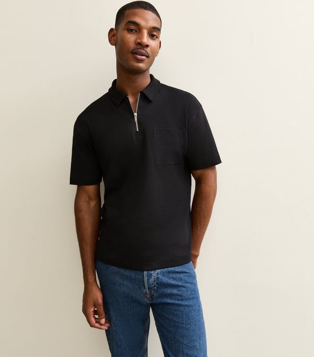 New Look Men's Black Relaxed Quarter Zip Polo Top New Look - 2