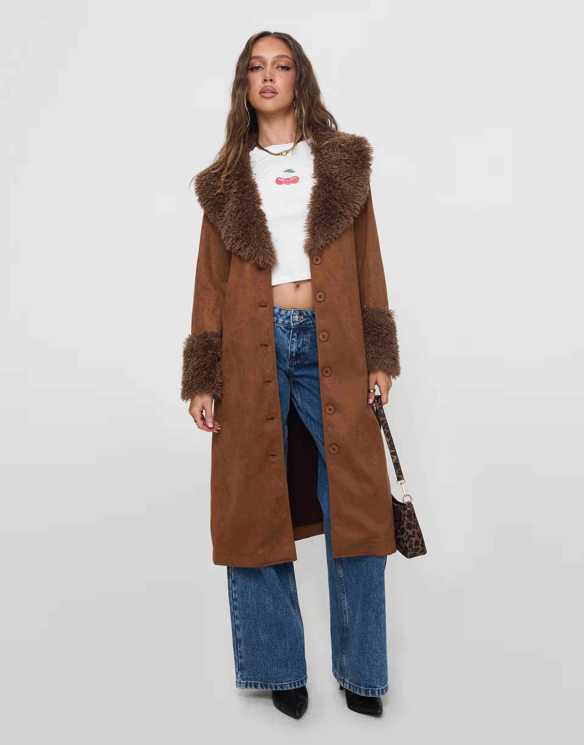 ASOS Princess Polly After Party faux suede faux fur trim & collar mid length jacket in brown