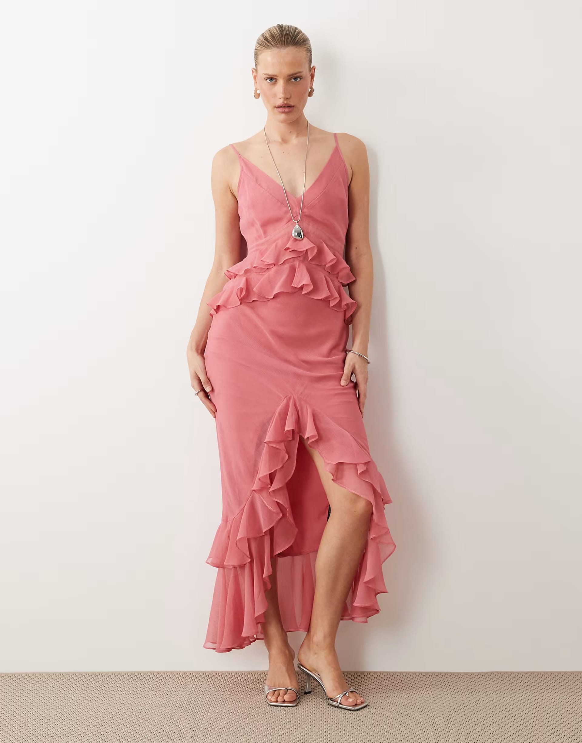 ASOS Pink Satin Ruffle Maxi Dress