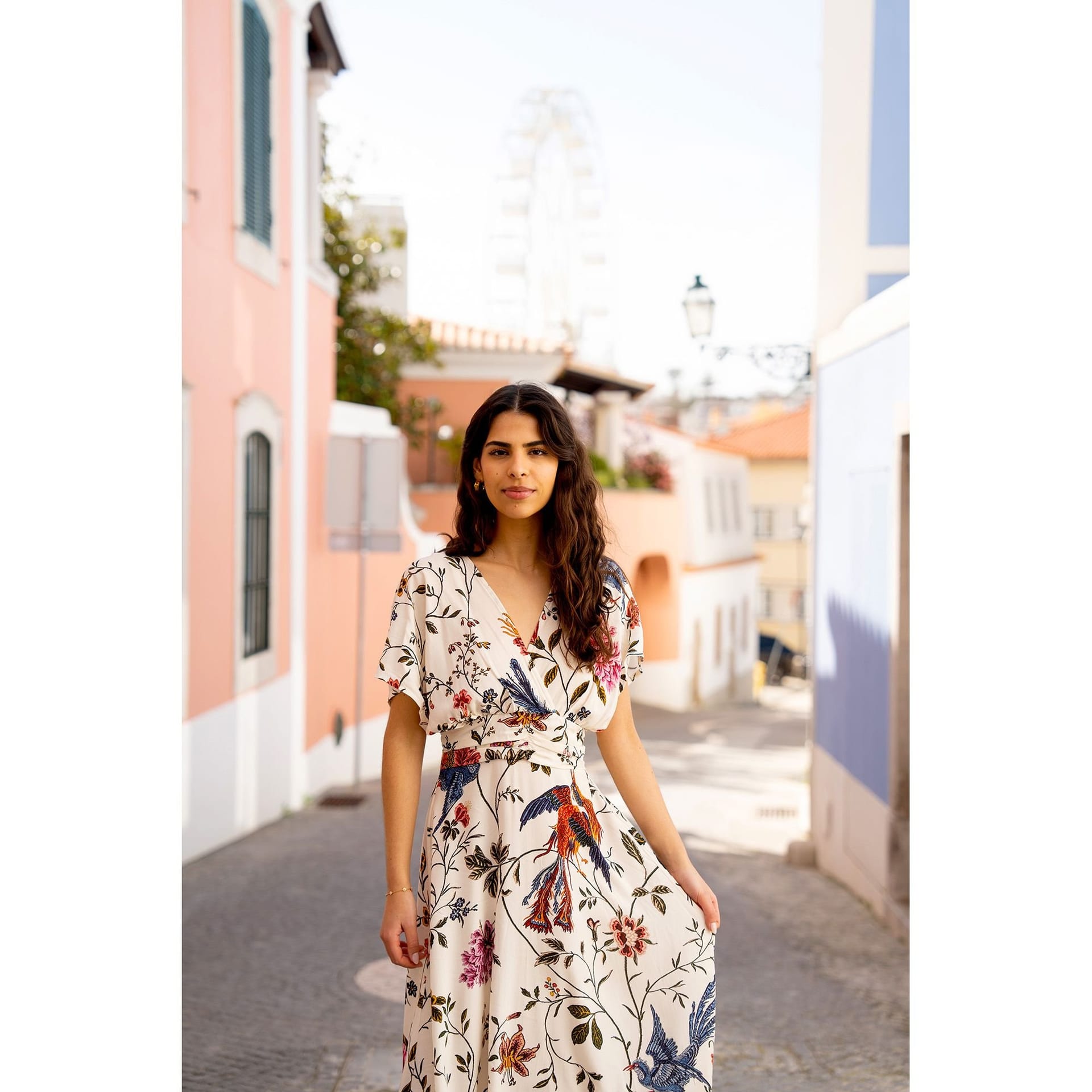 Yumi Yumi Women's Ivory Bird & Floral Print Ruched Waist Kimono Midi Dress in White - 4