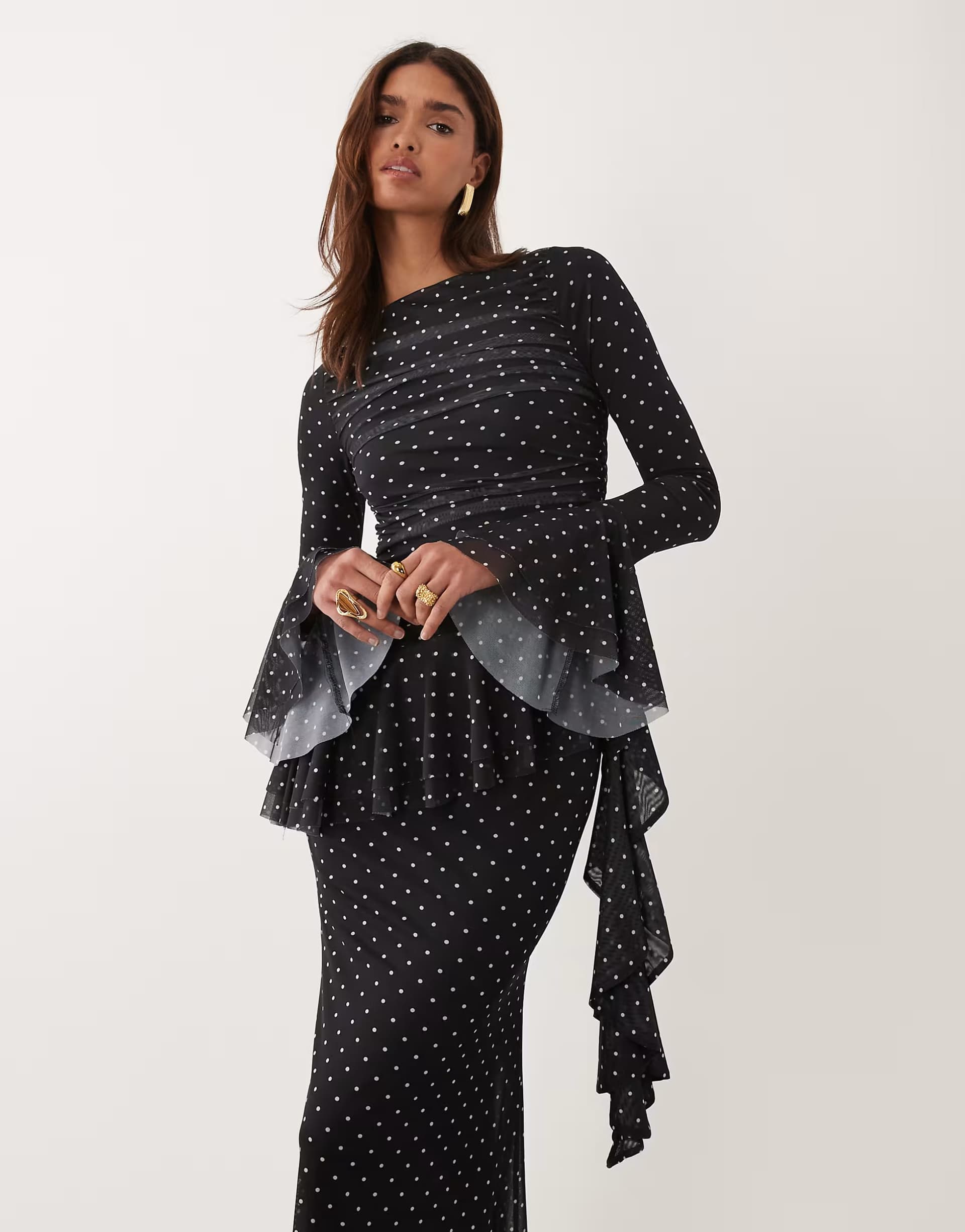 ASOS ASOS DESIGN mesh maxi dress with ruching and frill details in spot print