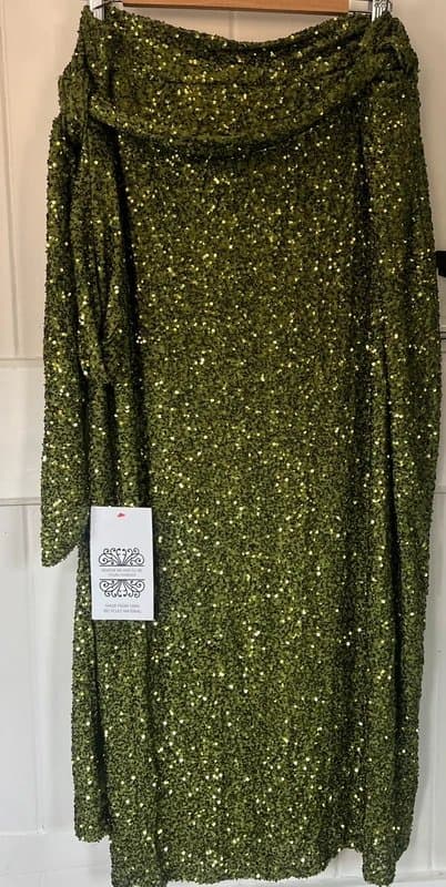 Never Fully Dressed Never Fully Dressed Olive Sequin Jaspre Skirt, wrap midi - size 18