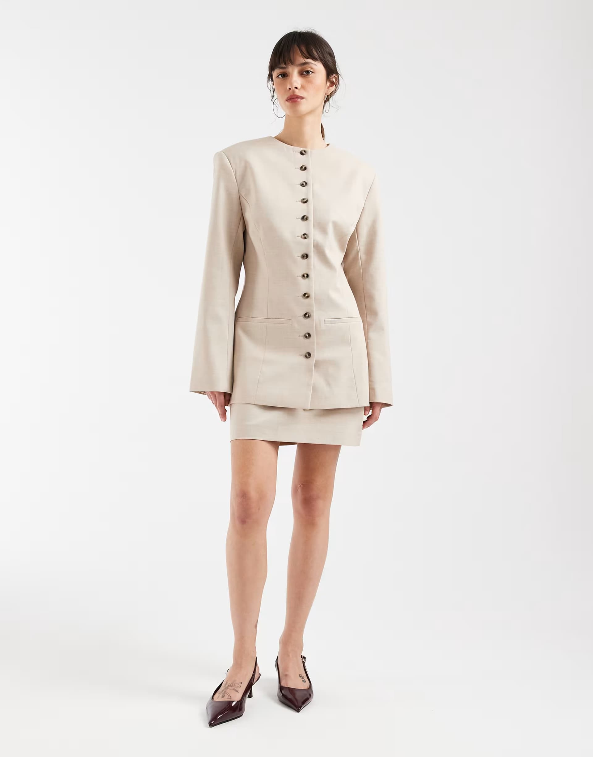 ASOS ASOS DESIGN tailored high neck blazer with mini skirt in sand marl