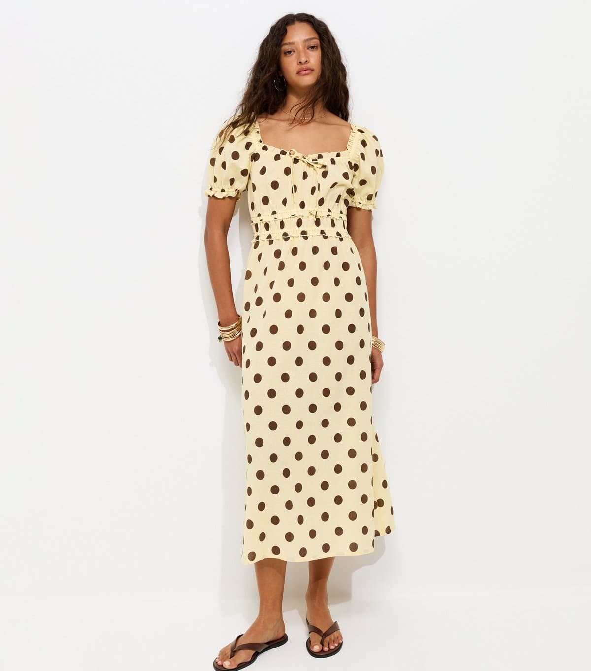 New Look Women's Yellow Polka Dot Shirred Milkmaid Midi Dress New Look
