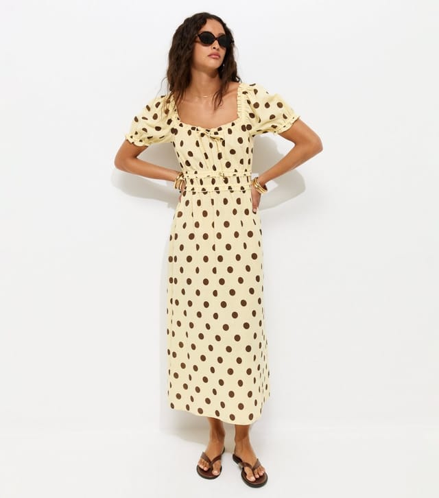 New Look Women's Yellow Polka Dot Shirred Milkmaid Midi Dress New Look - 2