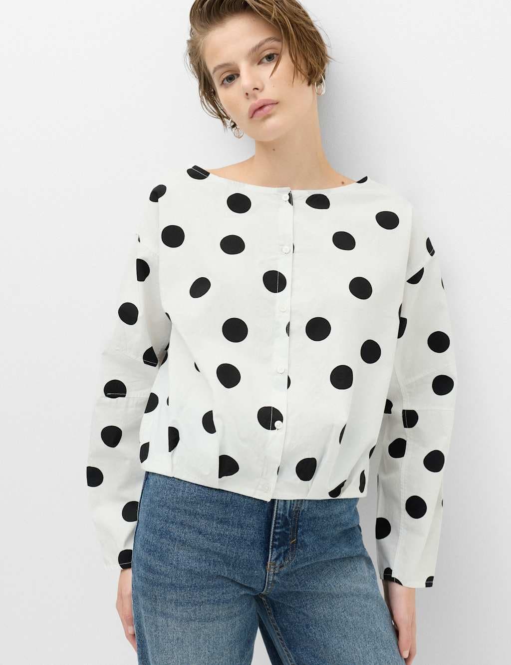 Marks & Spencer M&S Pure Cotton Polka Dot Barrel Sleeve Blouse Black Mix