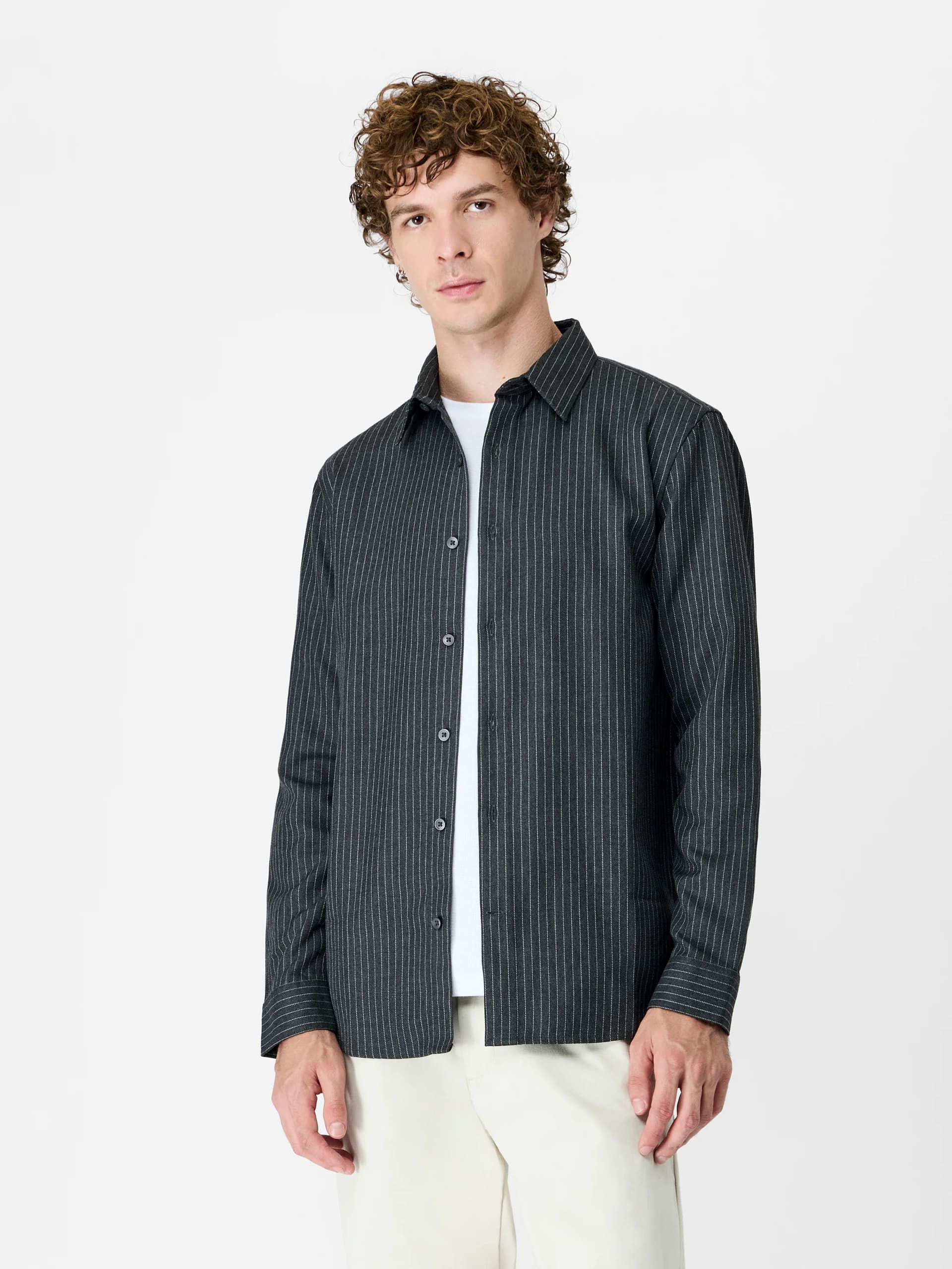French Connection Dark Grey Pinstripe Flannel Regular Fit Shirt Steel Stripe