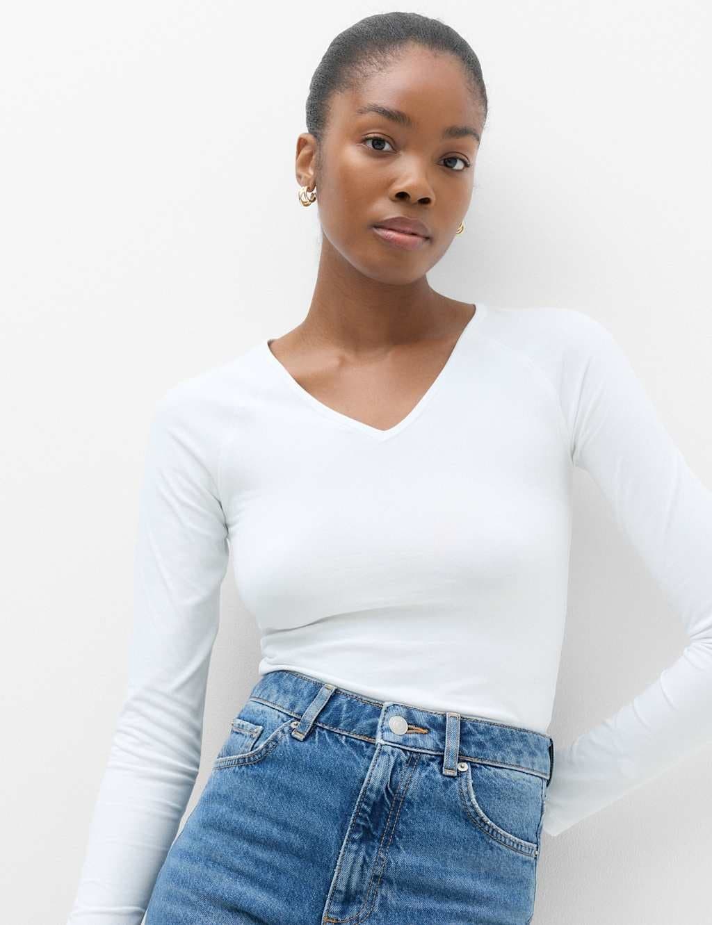 Marks & Spencer M&S Cotton Rich V-Neck Raglan Sleeve Top White