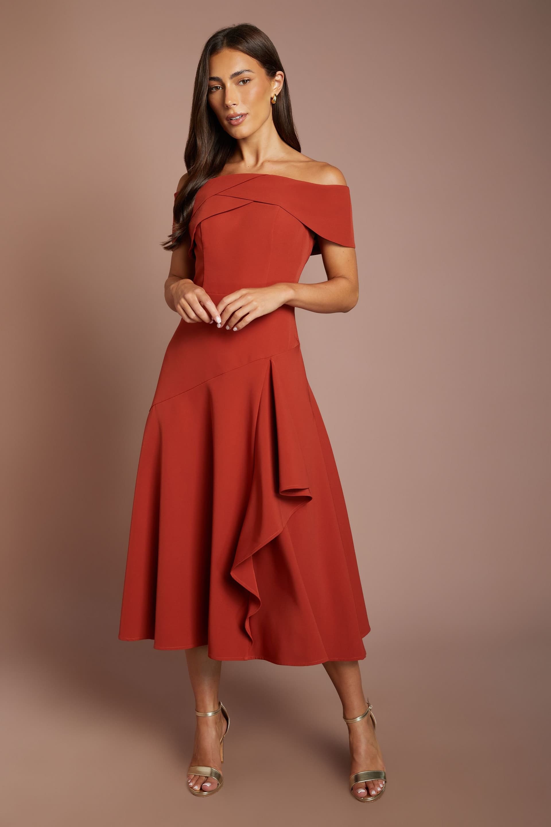 Coast Coast Women's Bardot Waterfall Crepe Midi Dress in Rust