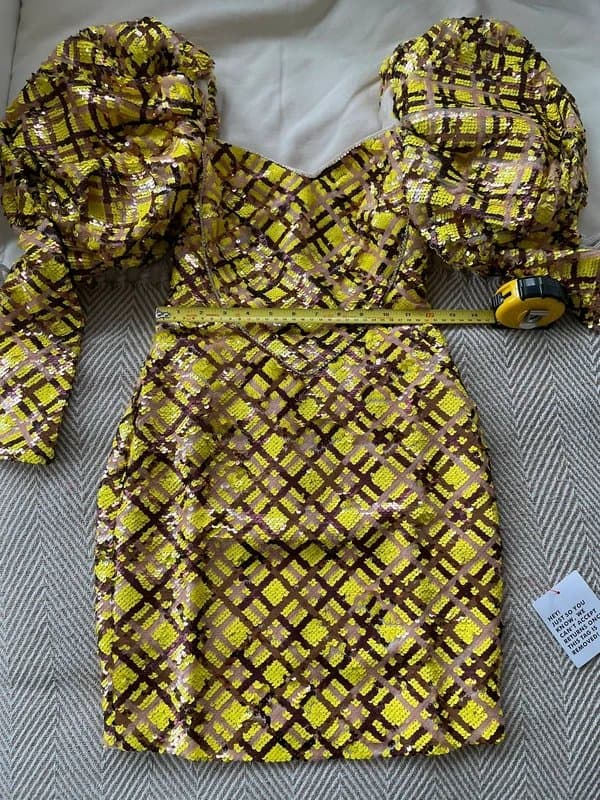 ASOS ASOS Luxe Sequin Embellished Sweet Heart Neckline Puff Sleeve Mini Dress in Check Size 4 RRP £135