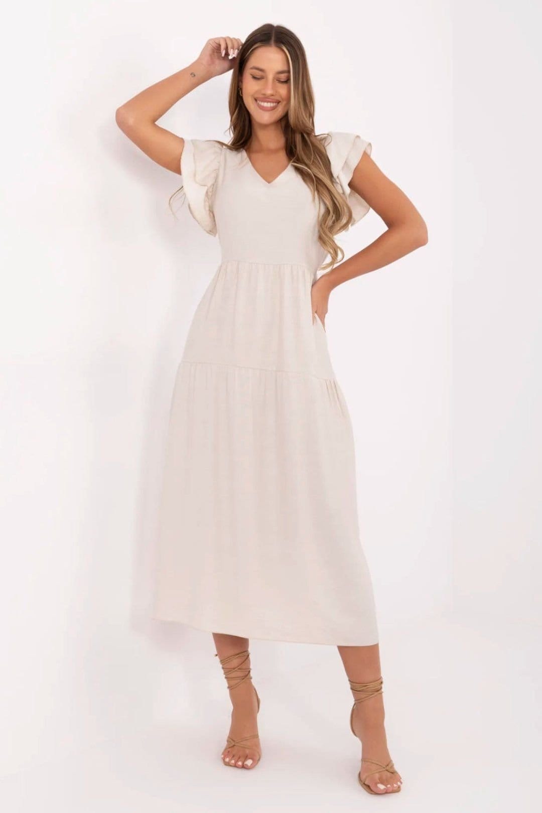 Love Lace Love Lace Women's V Neck Midi Tie Waist Flared Summer Dress in Beige - 1