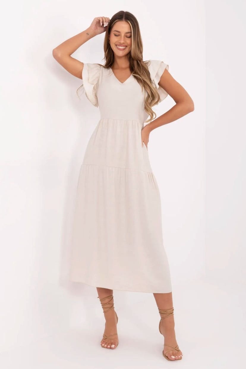 Love Lace Love Lace Women's V Neck Midi Tie Waist Flared Summer Dress in Beige - 1
