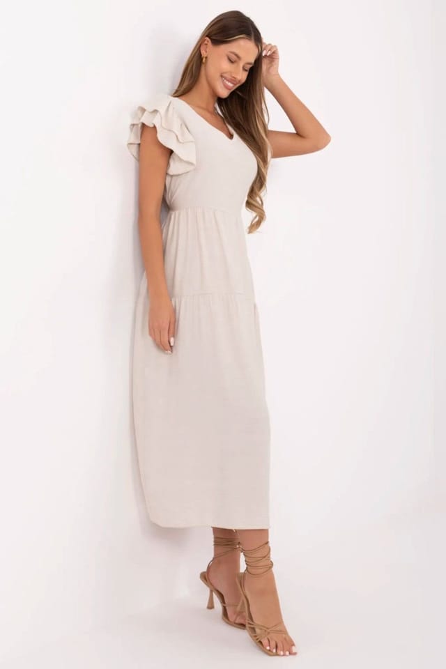 Love Lace Love Lace Women's V Neck Midi Tie Waist Flared Summer Dress in Beige - 2