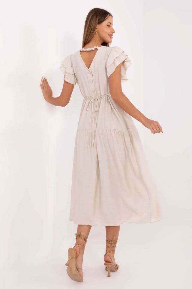 Love Lace Love Lace Women's V Neck Midi Tie Waist Flared Summer Dress in Beige - 3