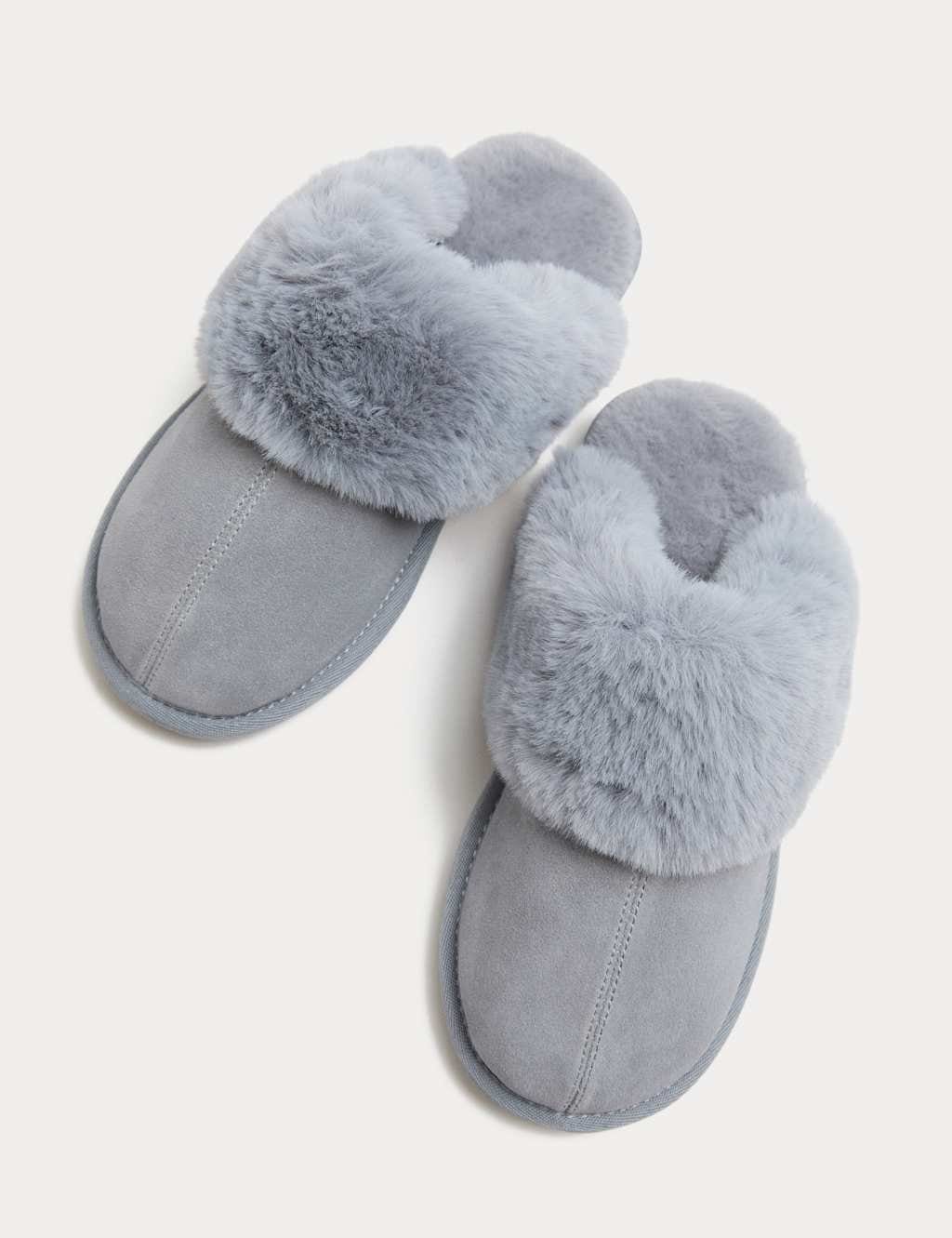Marks & Spencer M&S Suede Faux Fur Trim Mule Slippers Pale Blue - 1