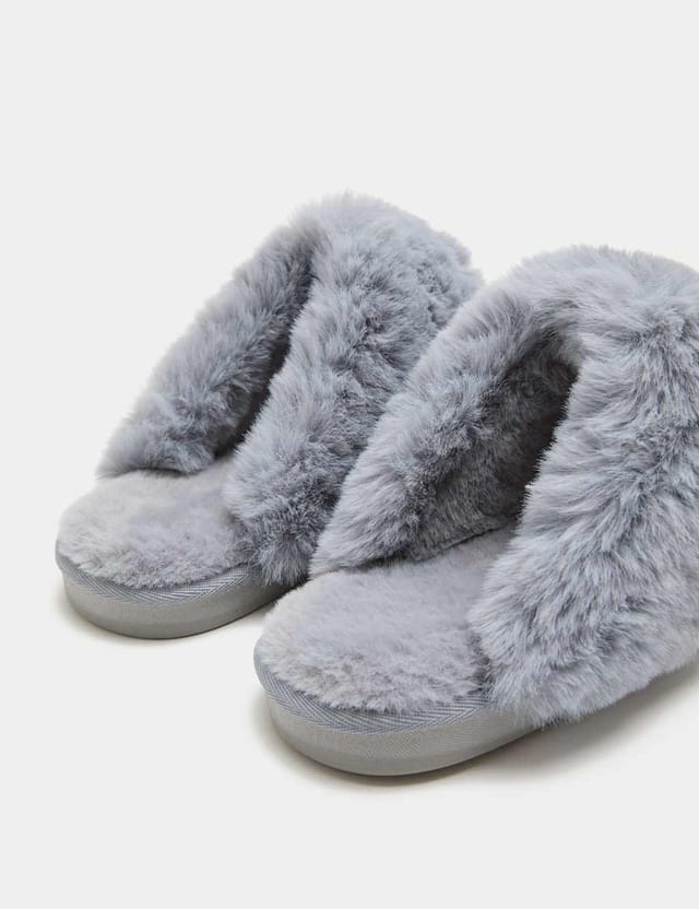 Marks & Spencer M&S Suede Faux Fur Trim Mule Slippers Pale Blue - 2