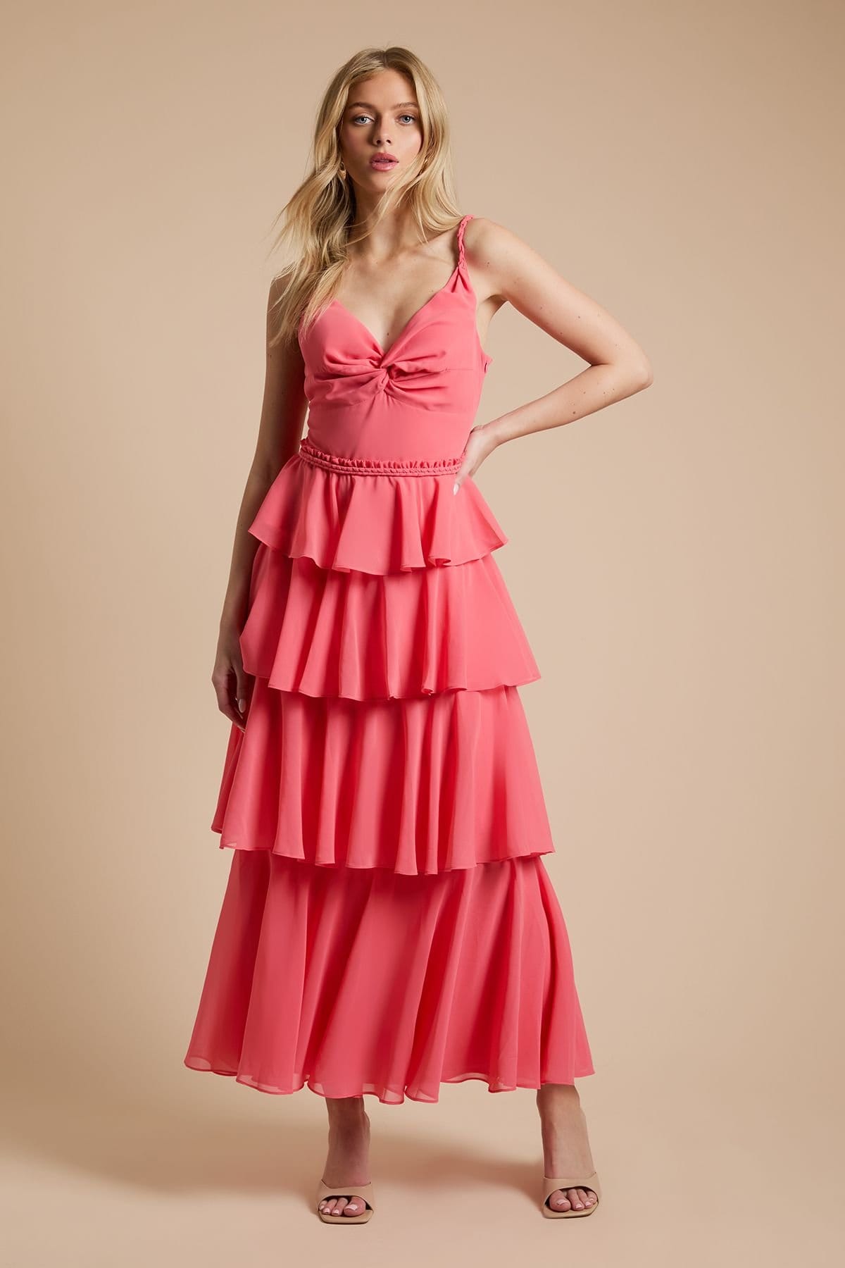 Oasis Oasis Women's Tiered Chiffon Plait Strap Maxi Dress in Orange - 4