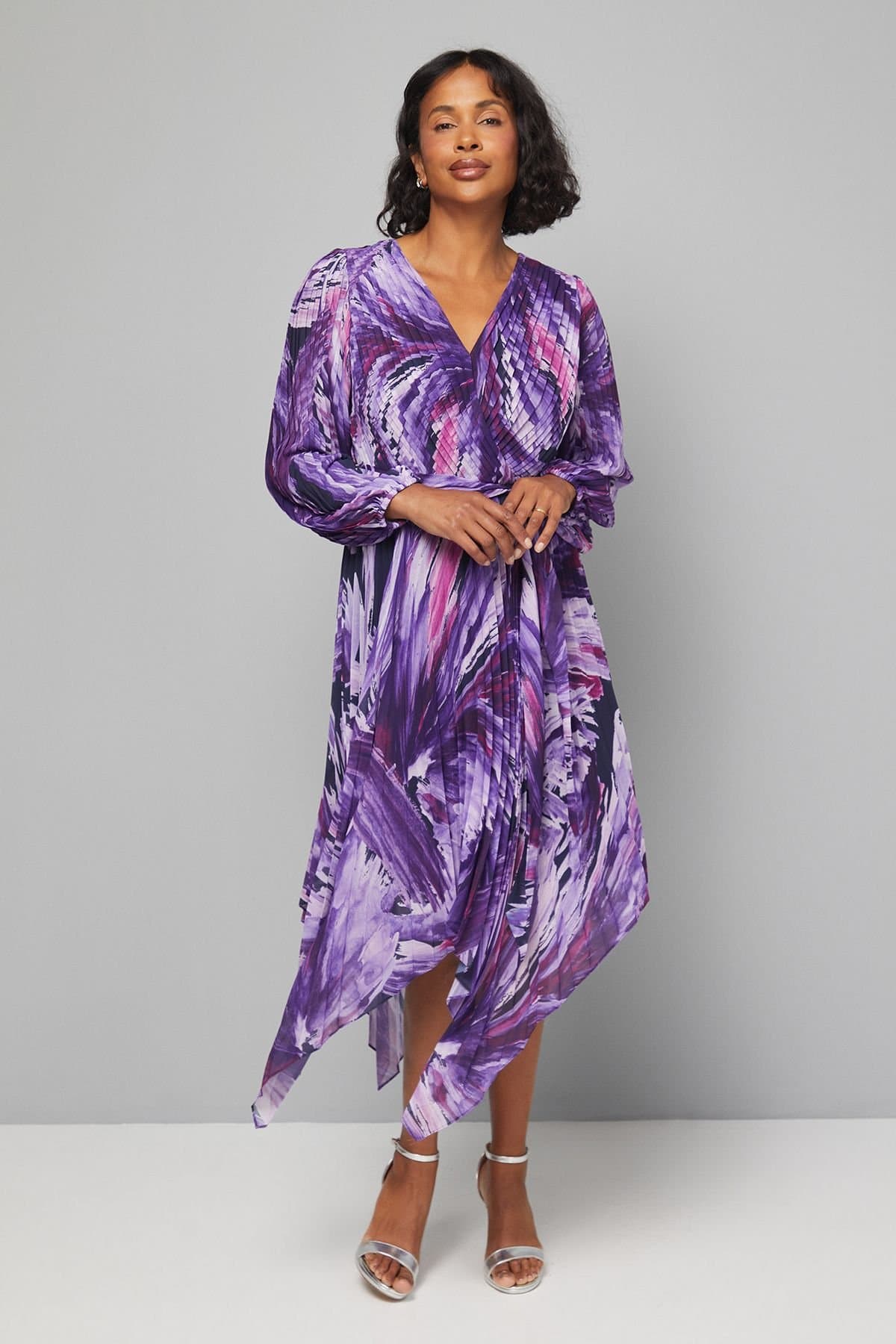 Wallis Wallis Women's Abstract Print Pleated Asymmetric Wrap Dress in Navy