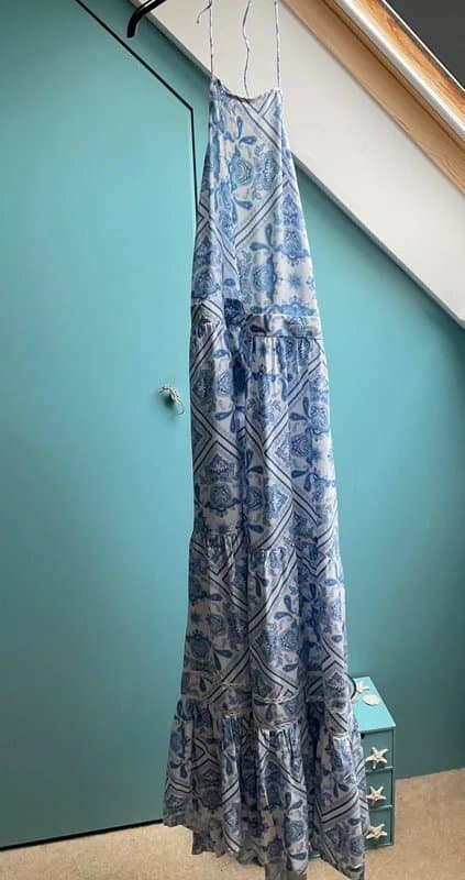 New Look New Look Summer Maxi Tie-back Halter Dress. Blue Tile Design. Size 16
