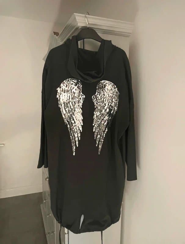 Angel Wings New Stunning boutique sparkly sequin angel fairy wings grey hooded jacket size L hoodie 14 16 18